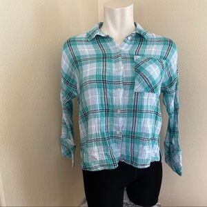 Sanctuary blue plaid cotton gauze button up sz.M